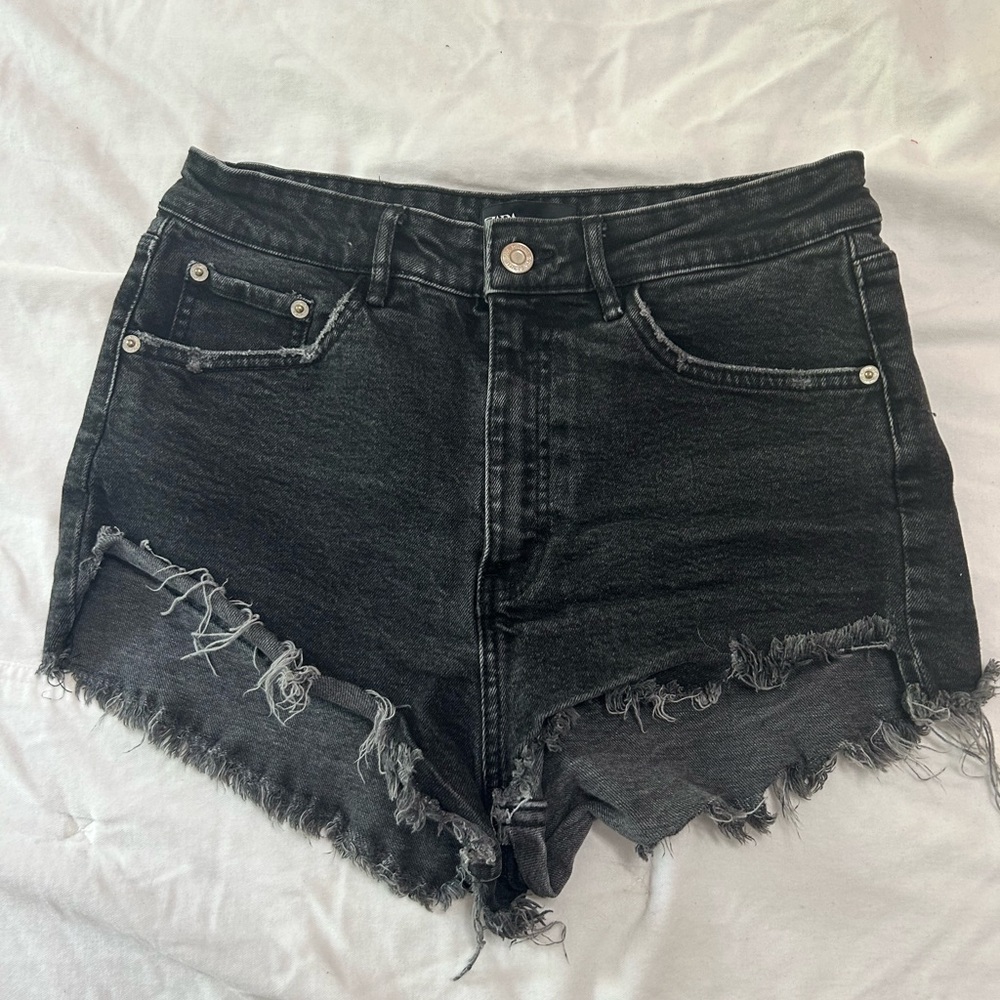 Zara Black Denim Frayed Hem Women's Shorts